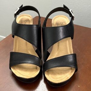 b.o.c. Black Leather Wedge Sandals